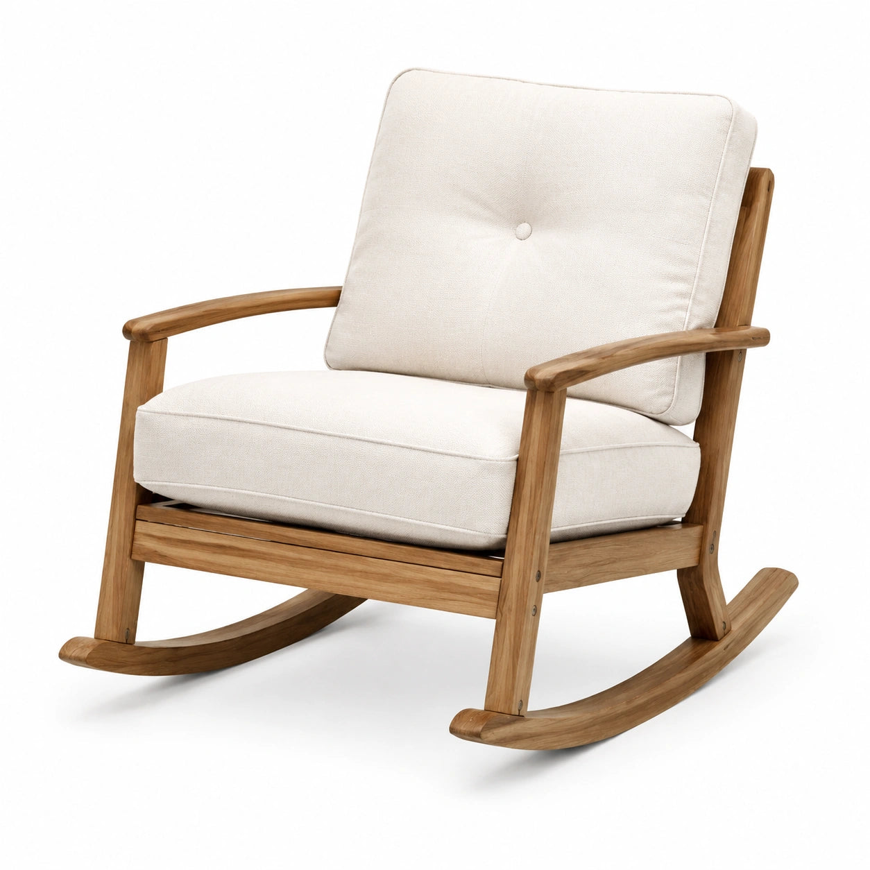 Holzschaukelstuhl mit Baumwollpolsterung in Beige