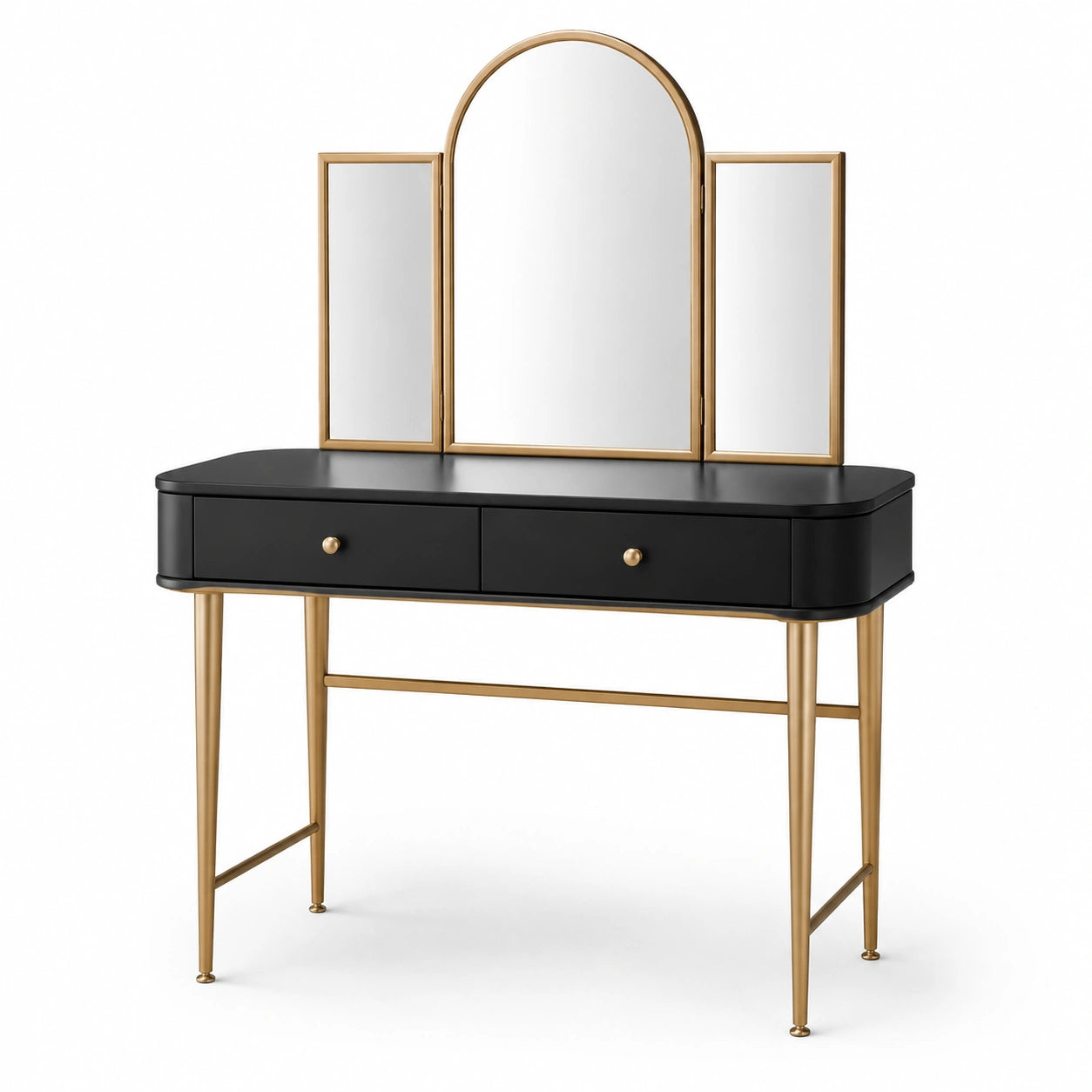 Schminktisch mit Spiegel und Schubladen aus MDF und Stahl, Schwarz/Gold