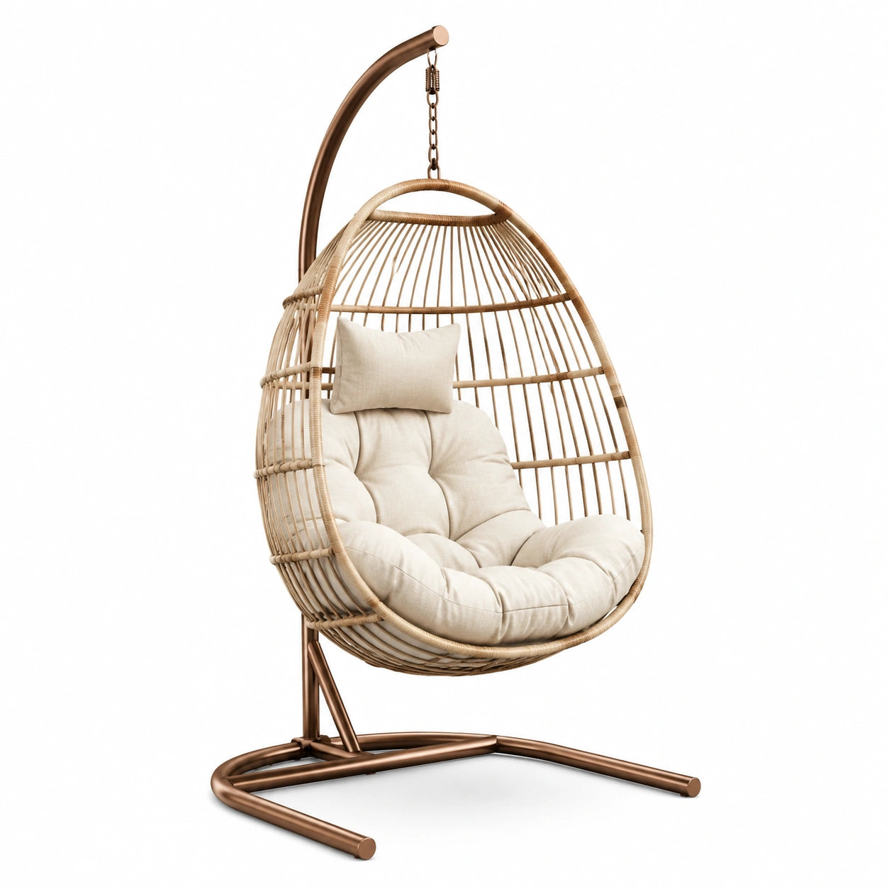 Rattan Hängesessel mit Stahlrahmen und Polsterkissen, Beige, 105x90x200 cm