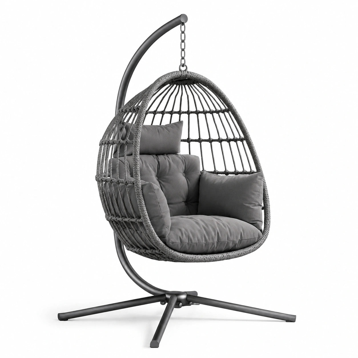 Hängesessel Stahl Polyesterrattan Dunkelgrau mit Gestell und Kissen