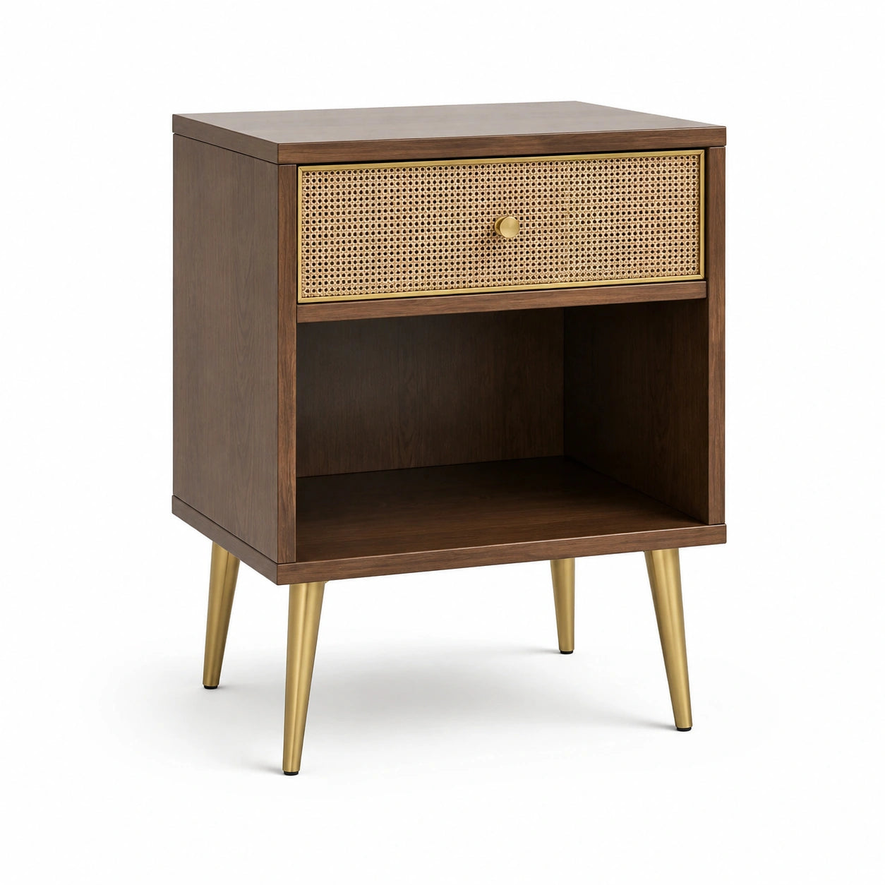 Holz-Nachttisch mit Rattangeflecht und goldenen Beinen, 60 cm