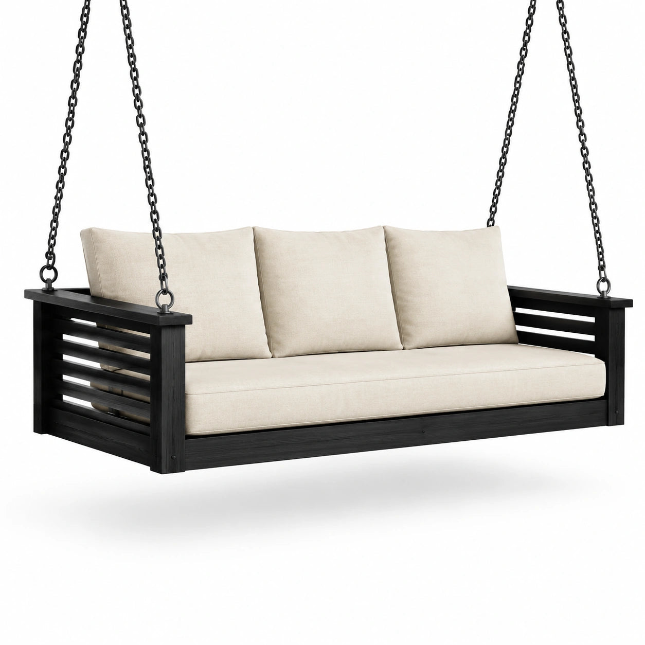 Hängesofa Schaukelbank Holz Schwarz Beige Kissen 200cm